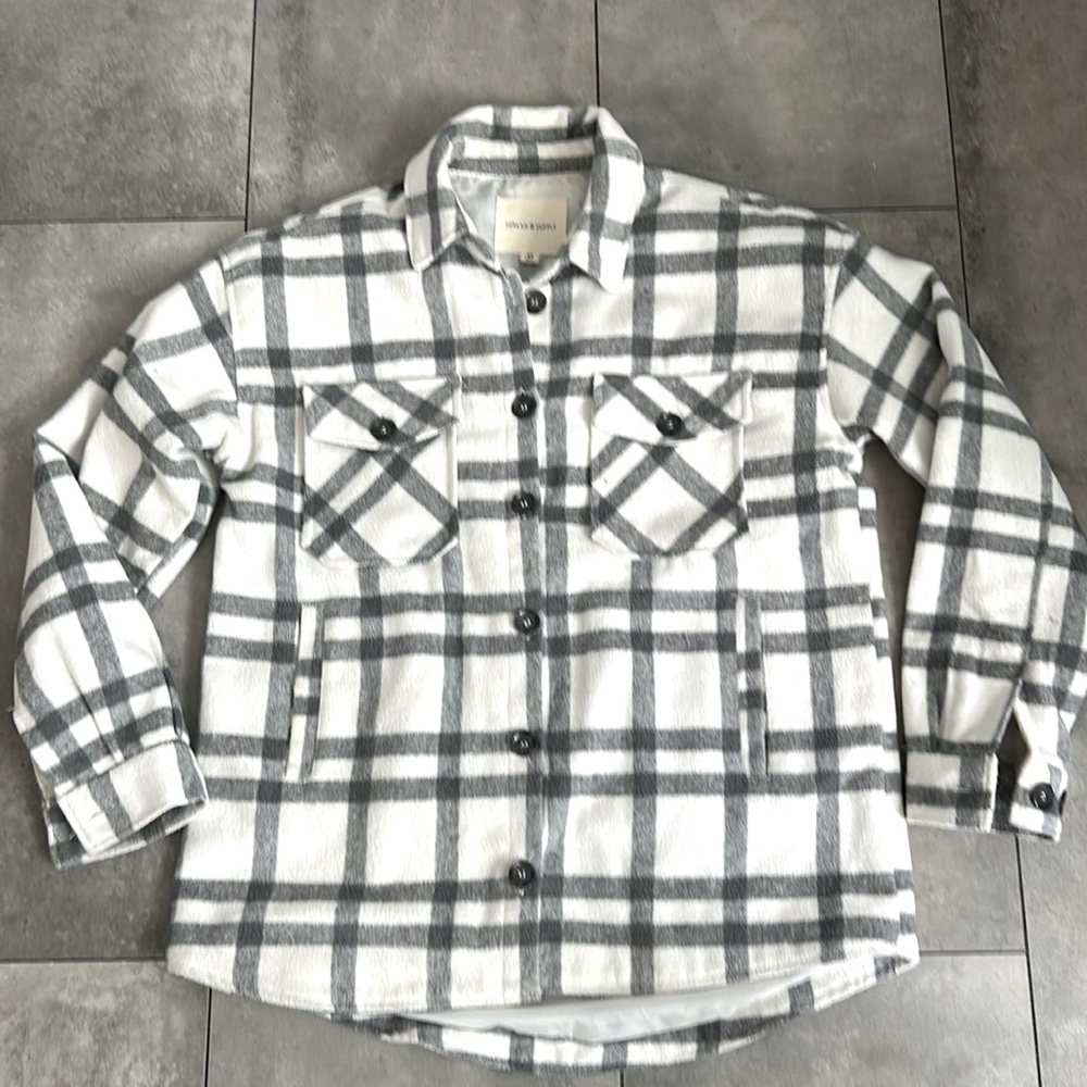 Thread & Supply Plaid Shacket Button Front Gray C… - image 2